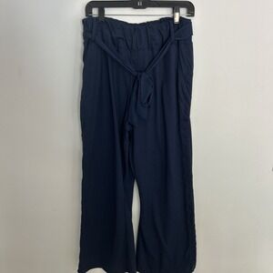 Navy Wide Leg Fully Snapped Sides Women's M Pants Pockets Casual Comfort Elastic